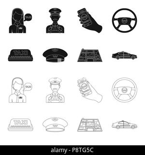 Gelbes taxi Inschrift, eine Kappe mit einem Taxi Abzeichen, eine Karte mit einer Markierung, ein Auto mit Checkers. Taxi set Sammlung Icons in Schwarz, Outline style Vektor symb Stock Vektor