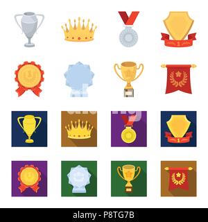Eine olympische Medaille für den ersten Platz, eine Kristallkugel, eine goldene Schale auf einem Ständer, einem roten Anhänger. Auszeichnungen und Trophäen set Sammlung Icons im Cartoon, Wohnung st Stock Vektor