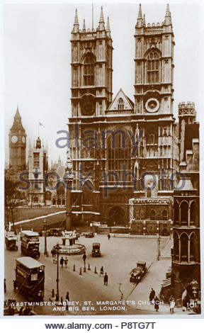 Westminster Abbey, St. Margarets Church und Big Ben London, Alte Ansichtskarte von 1933 Stockfoto