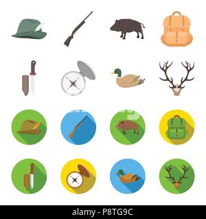 Messer mit einer Abdeckung, eine Ente, ein Hirsch Horn, einen Kompass mit Deckel. Jagdausrüstung Sammlung Icons im Cartoon, flacher Stil vektor Symbol lieferbar Abbildung. Stock Vektor