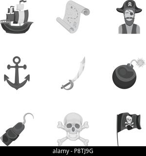 Piraten Set Symbole in Schwarzweiß-Design. Große Sammlung von Piraten vektor Symbol lieferbar Abbildung: Stock Vektor