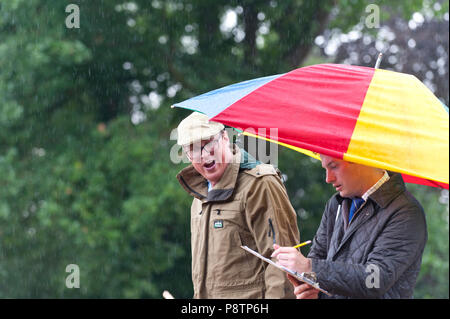 Builth Wells, Powys, UK. 13. Juli 2018. Auktionatoren und Schafhalter kommen für den Regen mit regenjacken bei der wöchentlichen Schafmarkt in Builth Wells, Powys, Wales, UK vorbereitet. © Graham M. Lawrence/Alamy Leben Nachrichten. Stockfoto