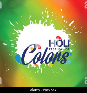 Happy Holi Festival. weiße Farbe spritzen mit kreativen Typographie auf farbigen Hintergrund. Für web design und Application Interface, auch für inf nützlich Stock Vektor