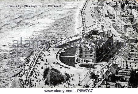 Vögel Auge Ansicht vom Turm Blackpool mit Blick auf die Grand Metropole Hotel, Alte Ansichtskarte von 1918 Stockfoto
