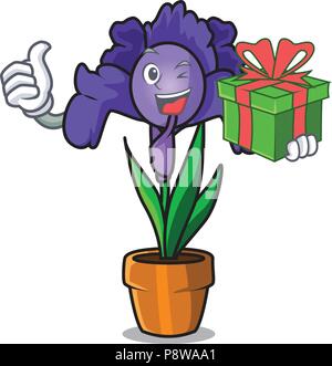 Mit Geschenk Iris Blume Maskottchen Karikatur Stock Vektor