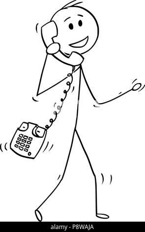 Cartoon von Walking Mann oder Geschäftsmann, Telefonat mit alten Tisch Tel. Stock Vektor
