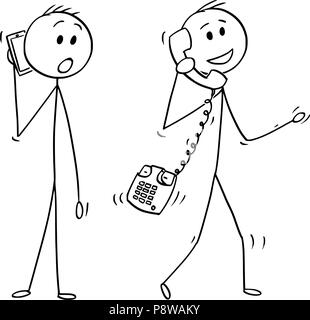 Cartoon von Walking Mann oder Geschäftsmann, Telefonat mit alten Tisch Tel. Stock Vektor