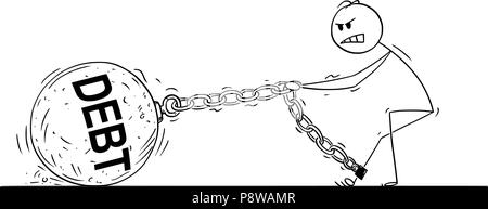 Cartoon von Mann oder Geschäftsmann ziehen großen eisernen Kugel mit Dept Text angekettet an seinem Bein Stock Vektor