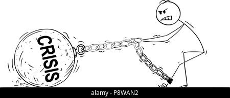 Cartoon von Mann oder Geschäftsmann ziehen großen eisernen Kugel mit Krise Text angekettet an seinem Bein Stock Vektor