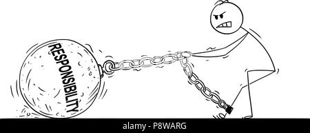 Cartoon von Mann oder Geschäftsmann ziehen großen eisernen Kugel mit Verantwortung Text angekettet an seinem Bein Stock Vektor