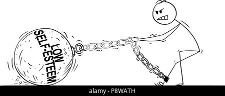 Cartoon von Mann oder Geschäftsmann ziehen großen eisernen Kugel mit niedrigen Selbst-achtung Text angekettet an seinem Bein Stock Vektor