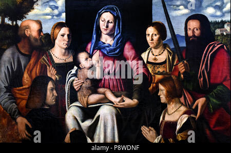 Madonna col Bambino Tra i Santi Pietro, Catheriana, Lucia, Paolo e aufgrund devoti - Madonna und Kind unter den Heiligen Petrus, Catheriana, Lucia, Paul und zwei Anhängern, die von Bernandino Luioni 1480-1532 von Italien, Italienisch. Stockfoto