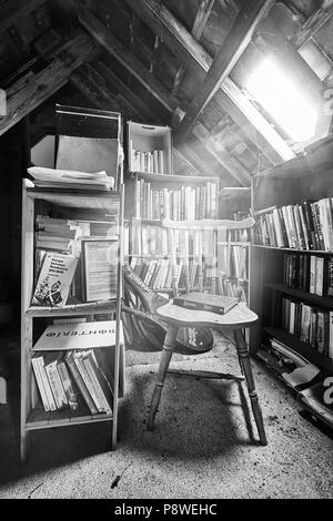 Bauernhof, Zimmer im Dachgeschoss Leseecke mit Stuhl unter sonnenbeschienenen Dachfenster, Unordnung der Bücher in den Regalen (mono) Stockfoto