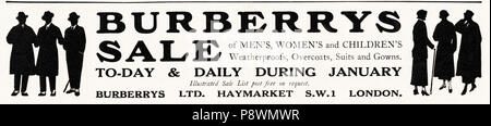 1920er Jahre alten Vintage original advert Werbung kombiniert Burberrys Januar Verkauf von Kleidung in Englisch Magazin ca. 1924 Stockfoto