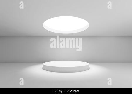 Abstrakte weißen minimale Interieur Hintergrund, Showroom mit runden Decke Licht und Tabelle unter. Vorderansicht. 3D-Render Abbildung Stockfoto