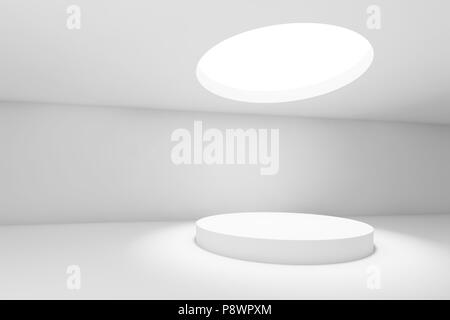 Abstrakte weißen minimale Interieur Hintergrund, Showroom mit runden Decke Licht und Tisch. 3D-Render Abbildung Stockfoto