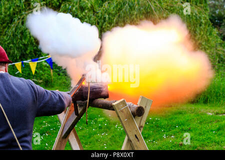 Ein frühes Beispiel eines deutschen Nahbereich hand Cannon ruht auf Holz abgefeuert werden an mittelalterlichen Re-enactment Veranstaltung am Sandwich Stockfoto
