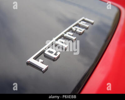 MARANELLO, ITALY-JULY 21, 2017: Inscription "Ferrari" on a real car close up Stockfoto