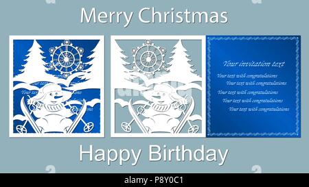 Text - Frohe Weihnachten, Alles Gute zum Geburtstag. Schneemann, Laserschneiden, Schnee, Tannen, Vector, Karte, neues Jahr, Stunden, Skier, blau, Karotte, Schneeflocke Stock Vektor