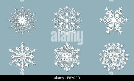 Satz von Schneeflocken. Laser Schnittmuster für Weihnachten Papier Karten, Designelemente, scrapbooking. Vector Illustration. Stock Vektor