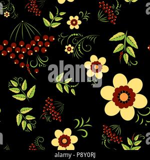 Russische nahtlose Muster in floralen folk Tradition mit Johannisbeeren auf Schwarz. Design für Geschenkpapier Stock Vektor