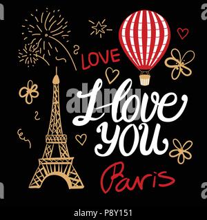 Ich liebe dich in einen klassischen Pariser Stil Mode. Vektorgrafiken Elemente Eiffelturm, Heißluftballon und Beschriftung. Stock Vektor