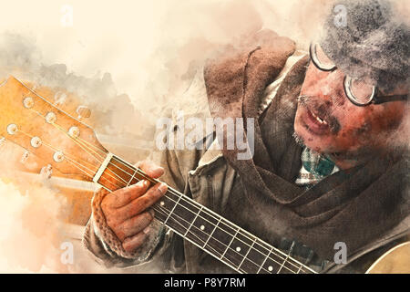 Abstrakt schön obdachlosen Mann spielt Gitarre im Vordergrund auf Aquarell Hintergrund und Digitale Illustration Bürste Art. Stockfoto