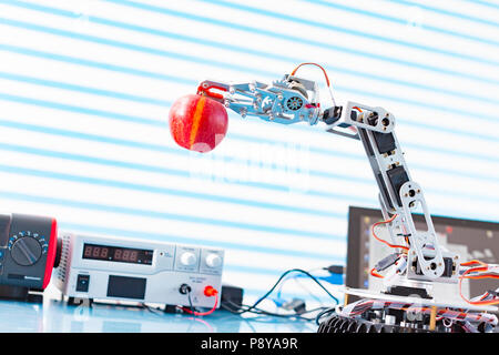 Roboterarm mit Apfel. Stockfoto