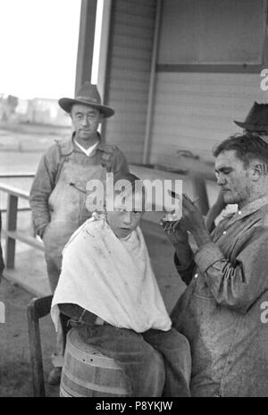 Junge Gemeinschaft, Haarschnitt, Friseur, Migrant Camp, Kern County, Kalifornien, USA, Dorothea Lange, Farm Security Administration, November 1936 Stockfoto