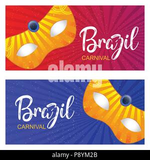 Gerne brasilianische Karneval Tag. rot und blau Karneval Banner mit goldenen Masken und whtie Typographien. Für web design und Application Interface, auch u Stock Vektor