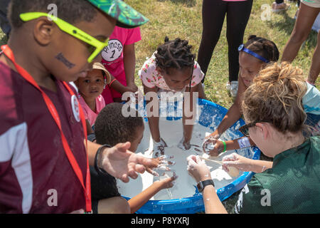 Detroit, Michigan - Kinder mit oobleck (Maisstärke und Wasser) an der Michigan State University stand während der Metro Detroit Tag der Jugend spielen. Tausende o Stockfoto