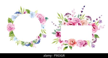 Kranz aus Blumen in Aquarell Stock Vektor