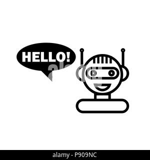 Black Line Chat Bot. Süß lächelnd Chatbot Symbol. Roboter virtuelle Hilfe. Online Beratung. Stock Vektor