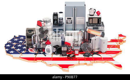Karte von USA mit Haus- und Küchengeräte, 3D-Rendering auf schwarzem Hintergrund Stockfoto