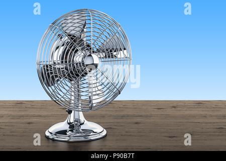 Retro Tisch Ventilator auf dem Schreibtisch aus Holz, 3D-Rendering Stockfoto
