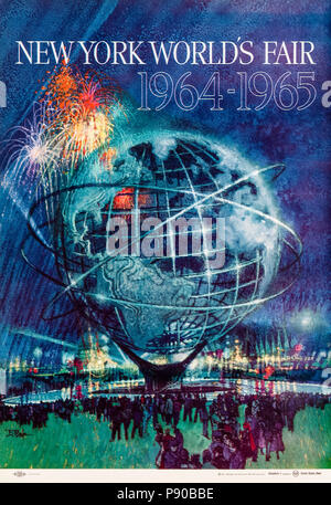 "In New York World's Fair 1964-1965 'Poster von Bob Peak (1927-1992), Feuerwerk über dem Unisphere. Weitere Informationen finden Sie unten. Stockfoto