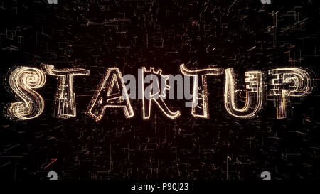 Futuristische 3D-Abbildung der Startup Text durch Partikel und Programmcode auf Abstrakte Raster Hintergrund geformt wird. Abstract das geschäftliche Wachstum anhand von quantitativen Simulatio Stockfoto