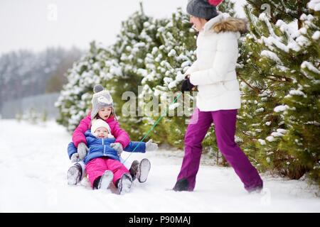 Zwei süße kleine Schwestern genießen sleight Fahrt mit ihrer Mutter auf verschneiten Wintertag Stockfoto