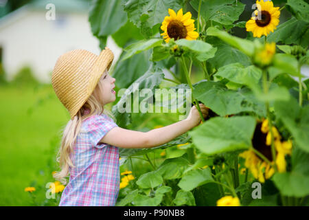 Süße kleine Mädchen mit Strohhut zu erreichen, eine Sonnenblume im Sommer. Aktivitäten im Sommer in einem Garten. Stockfoto