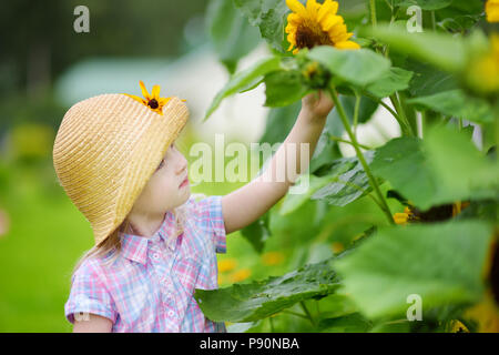 Süße kleine Mädchen mit Strohhut zu erreichen, eine Sonnenblume im Sommer. Aktivitäten im Sommer in einem Garten. Stockfoto