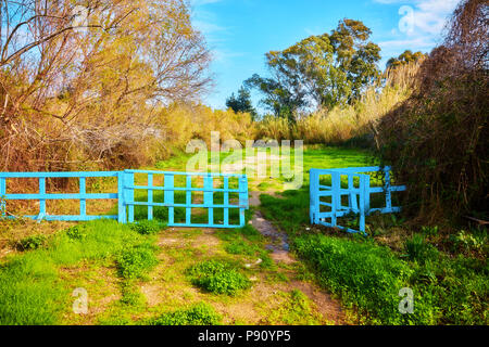 Blau Holzzaun mit offener Tür auf der grünen Wiese in einem ländlichen Bereich Stockfoto