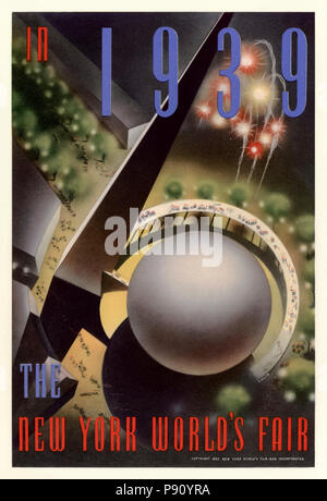 "In New York World's Fair 1939" Plakat von Nembhard N. Culin (1908-1990) im Jahr 1937 veröffentlichten zeigt eine Luftaufnahme des Trylon und Perisphere, die im Mittelpunkt des Internationalen Ausstellung, die vom 30. April 1939 nahmen bis zum 31. Oktober 1940 in Flushing Meadows in New York City gebildet. Weitere Informationen finden Sie unten. Stockfoto