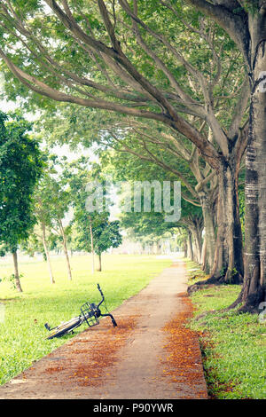 Singapur. Ein verlassenes Fahrrad entlang ein Fuß weg. Wahrscheinlich ein Bike-sharing Fahrrad. Stockfoto