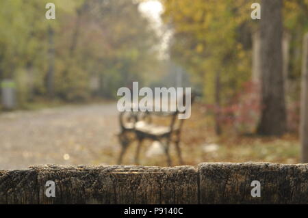 Holzzaun im Vordergrund und ein großer Garten mit Kegelbahn und Bank unscharf im Hintergrund Stockfoto