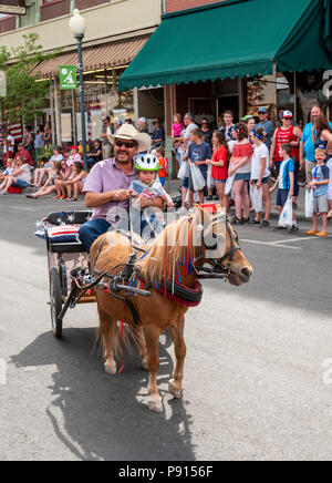 Vater & Baby in Miniatur von Pferden gezogene Wagen; jährliche Viertel der Juli Parade in der kleinen Bergstadt Salida, Colorado, USA Stockfoto
