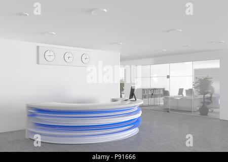 Office Lobby mit einer Rezeption und einem Büroarbeitsplatz. 3D-Rendering Stockfoto