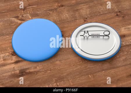 Blank blue Pin badge Brosche auf Holz Hintergrund isoliert. Beschneidungspfad gehören. 3D-Rendering Stockfoto