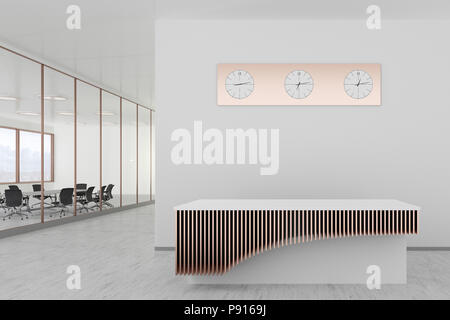 Weiß Büro Lobby mit einem leeren Rezeption. 3D-Rendering Stockfoto