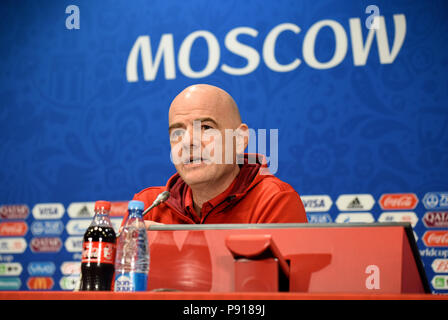 Moskau, Russland - Juli 13., 2018. FIFA-Präsident Gianni Infantino, in einer Pressekonferenz in Moskau. Stockfoto