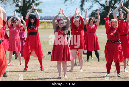 Dublin, Irland. 14. Juli 2018. Die Teilnehmer in diesem Jahr Wuthering Heights Tag ihren Tanz zum iconic Kate Bush's Song und Video von "Wuthering Heights" im St. Anne's Park in Dublin, Irland Proben. Credit: Laura Hutton/Alamy Leben Nachrichten. Stockfoto